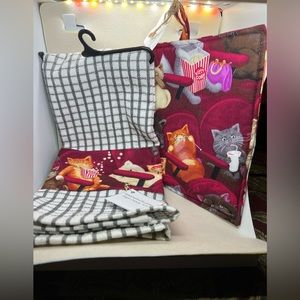 New Handcrafted Kitchen Towel and Pot Holder Set Cats at a movie theater